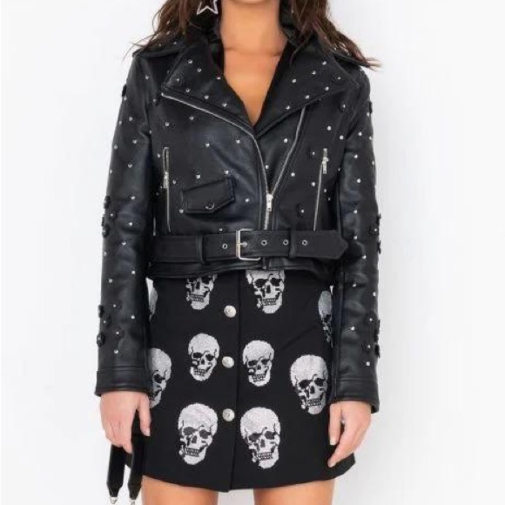 Azalea Wang floral motorcycle racing faux leather jacket coat